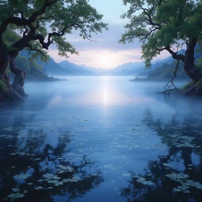 The primary subject of the image is a serene lake surrounded by trees. The setting is a beautiful, foggy mountain lake, with the sun rising in the background. The visual style is a combination of photo and digital art, creating a captivating and peaceful atmosphere. The dominant colors are shades of blue, green, and orange, reflecting the tranquility of the scene.